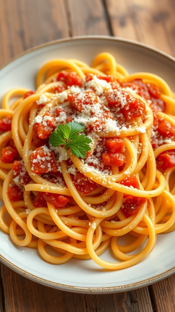 A plate of homemade noodles with tomato sauce and parsley on a rustic wooden table.